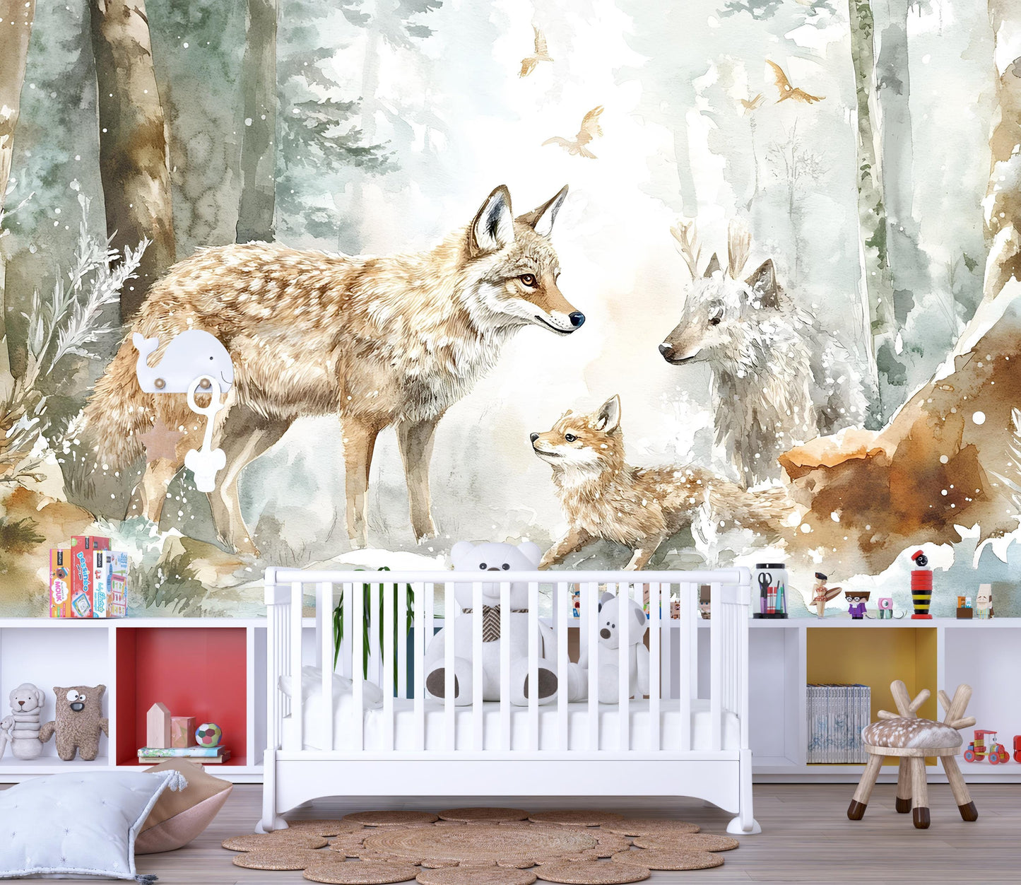 Woodland Animal Wall Mural for Kids Room – Forest Fox Deer Cub Wallpaper – Neutral Nursery Décor – Cozy Scandinavian Style Art Vn342