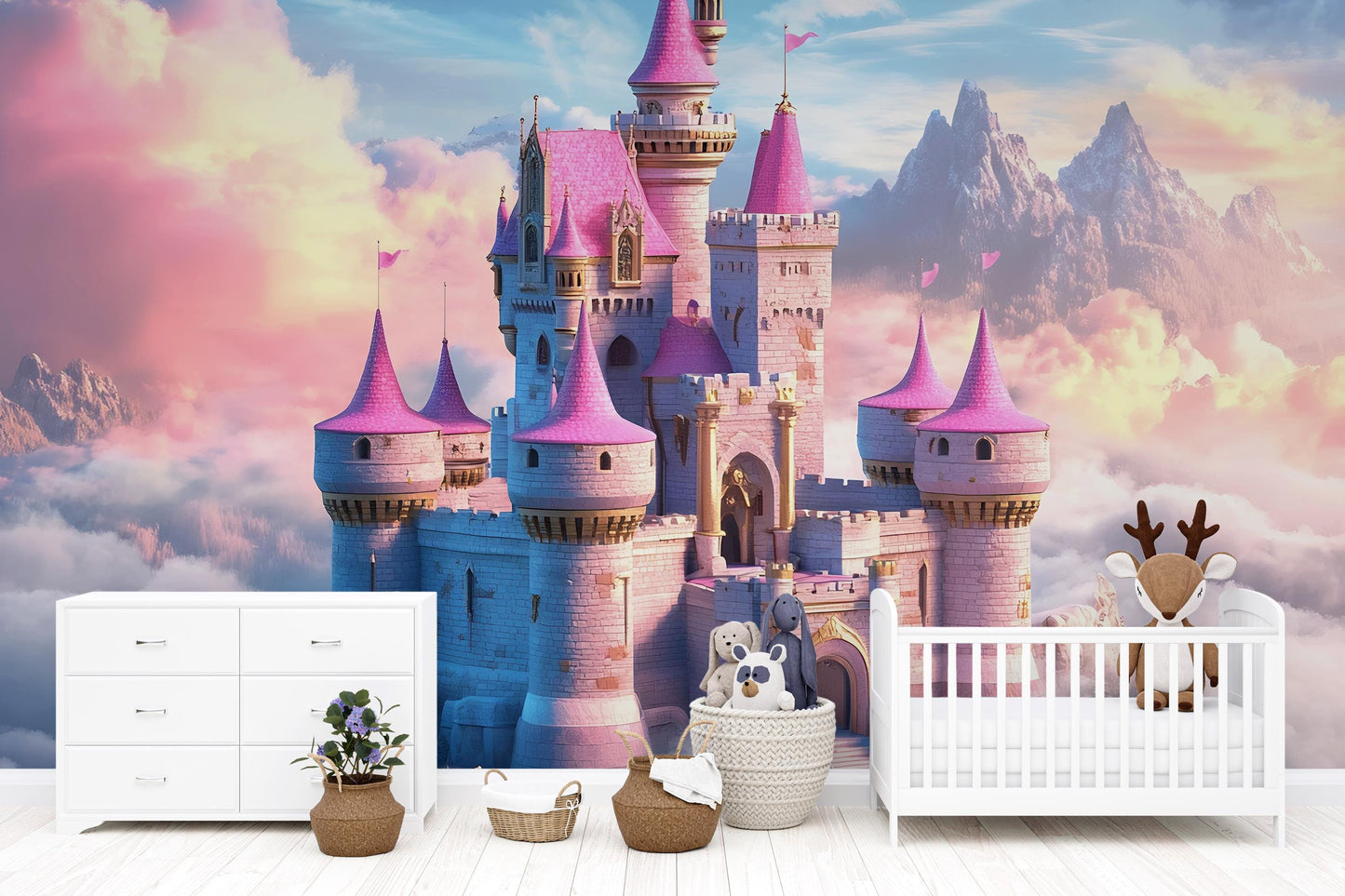 Fairytale Castle Wall Mural for Nursery | Princess Dreamland Wallpaper | Pink Castle Kids Room Decor | Fantasy Baby Girl Backdrop Vn367