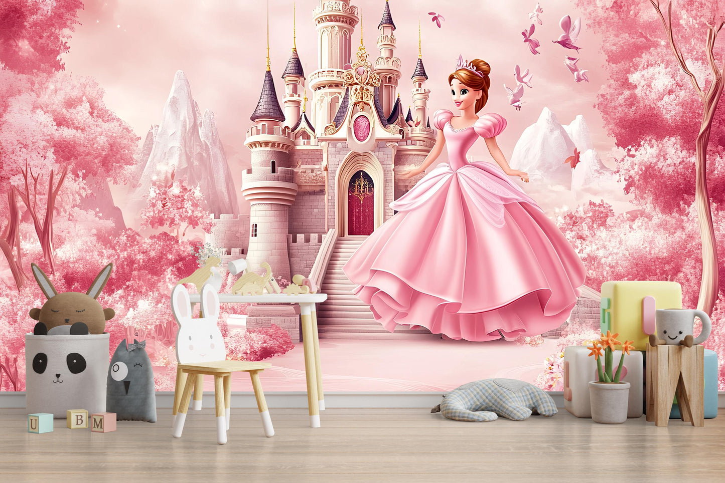 Princess Castle Wall Mural for Girls Room – Pink Fairy Tale Wallpaper with Princess – Kids Bedroom Decor, Nursery Wall Art Vn357