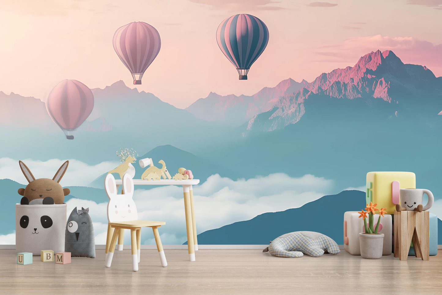 Hot Air Balloon Wall Mural for Kids Room | Pastel Mountain Nursery Wallpaper Vn380