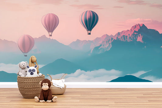 Hot Air Balloon Wall Mural for Kids Room | Pastel Mountain Nursery Wallpaper Vn380