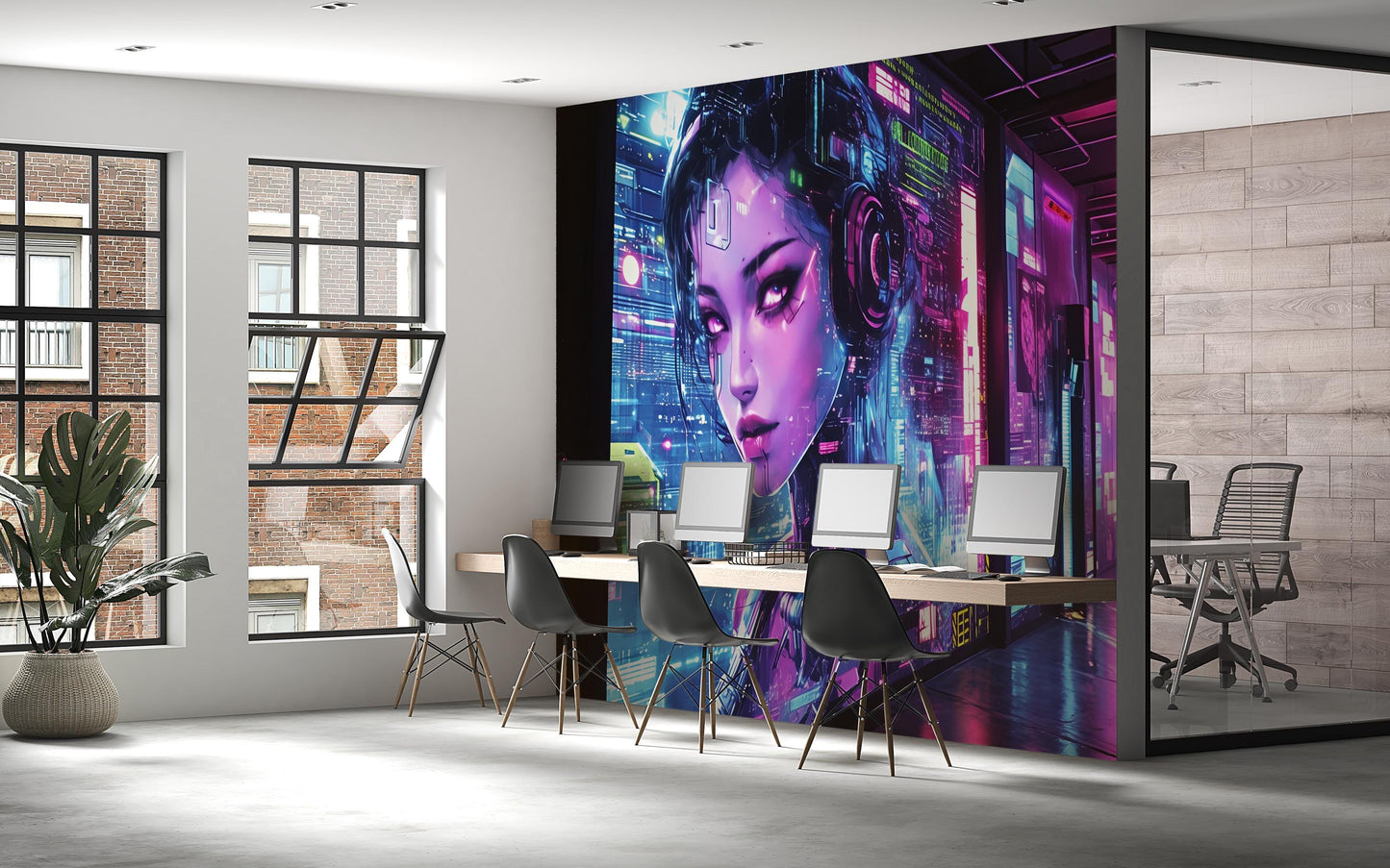 Cyberpunk Office Wall Art - Futuristic Gamer Mural Print - Sci-Fi Tech Decor Vn197