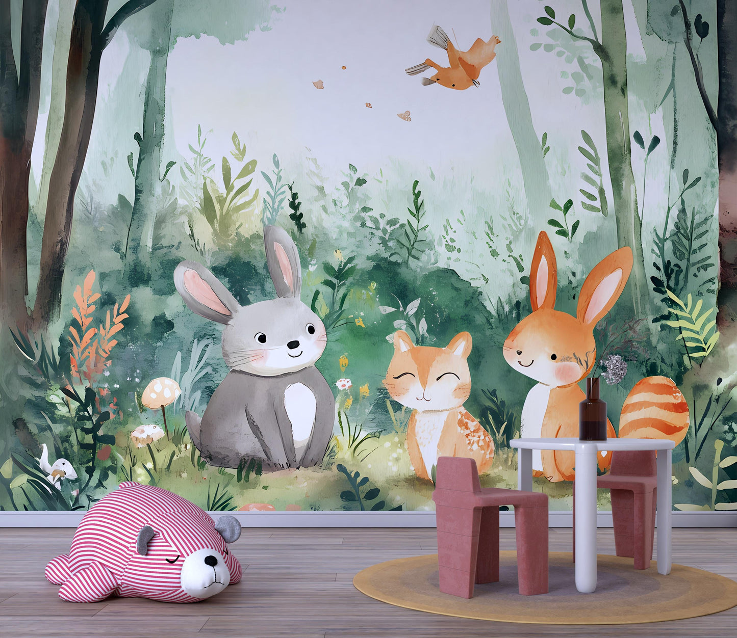Woodland Animals Nursery Wall Mural – Forest Bunny Fox Deer Wallpaper – Kids Room Decor – Whimsical Woodland Nursery Art Vn059