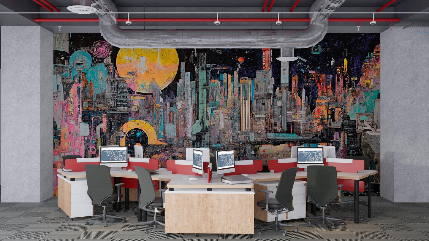 Futuristic Cyberpunk Cityscape Wall Mural for Modern Office Decor Vn202