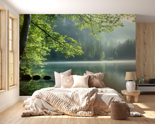 Forest Lake Wall Mural β Serene Nature Bedroom Wallpaper, Tranquil Green Landscape Decor, Removable Large Wall Art Vn479