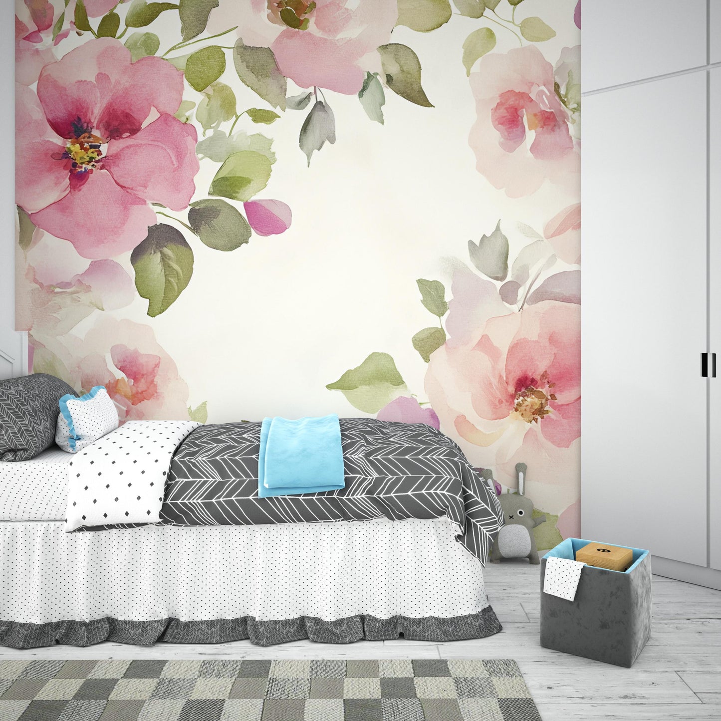 Floral Watercolor Wall Mural – Large Pink Purple Flower Wallpaper – Romantic Bedroom Accent Wall Art Vn347
