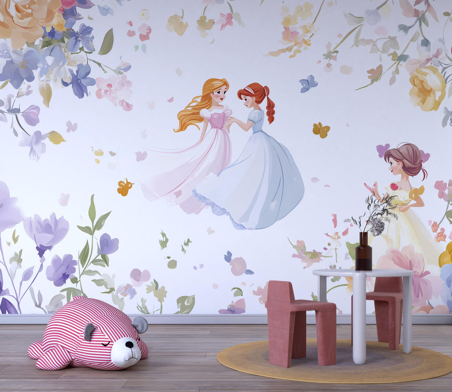 Princess Floral Wall Mural for Girls Room – Fairy Tale Wallpaper, Pastel Nursery Decor, Princess Theme Wall Art Vn277