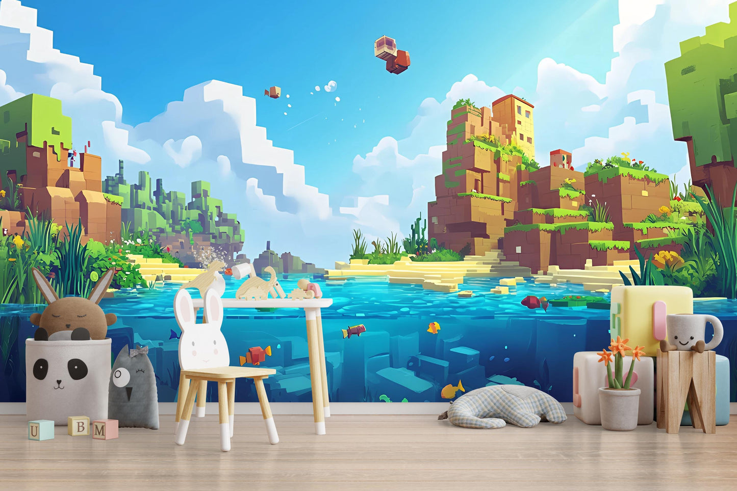 Minecraft Style Kids Wall Mural - Pixel Art Lake Scene Wallpaper - Boys Room Decor Vn280