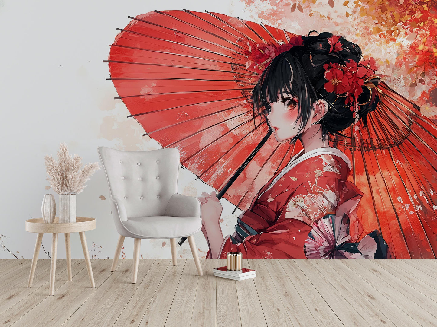 Elegant Japanese Girl Wall Mural - Red Kimono Art, Anime Style Room Decor Vn352