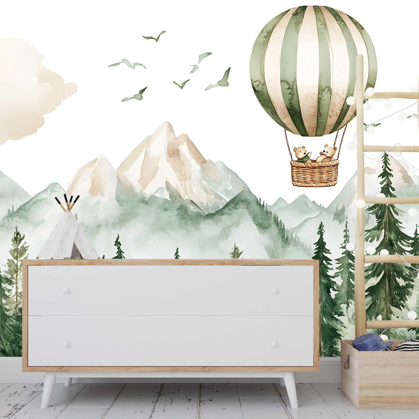 Woodland Forest Mountain Wall Mural for Kids Room – Hot Air Balloon Animal Nursery Wallpaper – Adventure Baby Room Decor Vn444