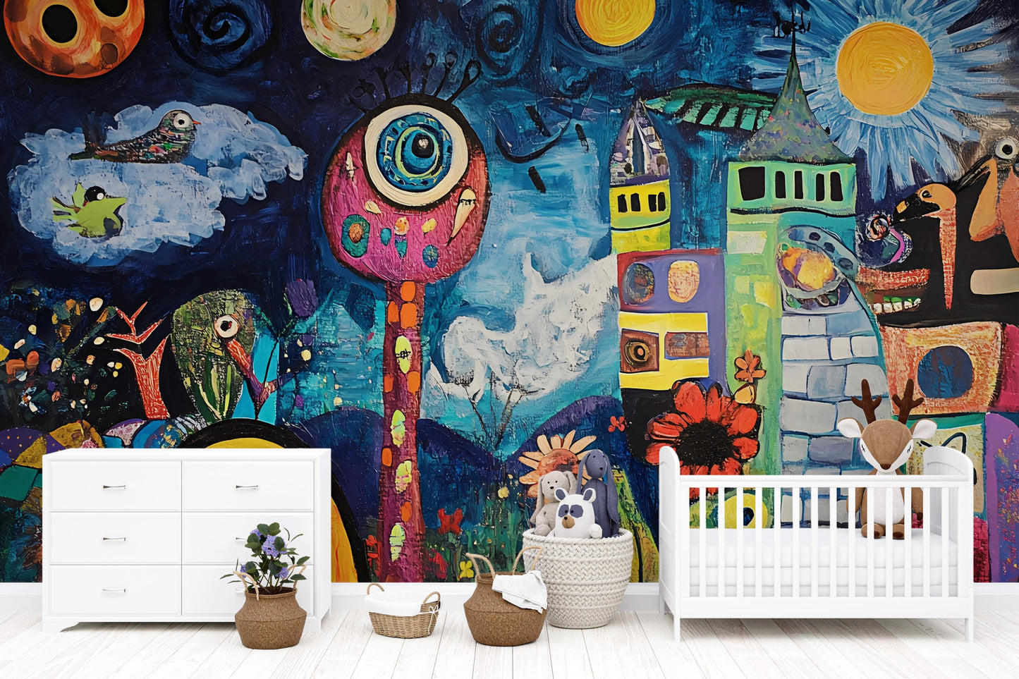Whimsical Nursery Wall Mural | Colorful Abstract Baby Room Art | Dreamy Fantasy Animal Castle Jungle Decor Vn413