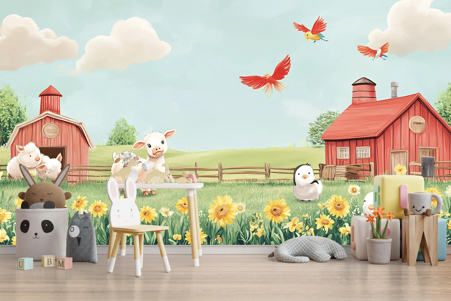 Farm Animal Wall Mural for Kids Room – Cartoon Barnyard Wallpaper with Piglet, Birds, Sunflowers – Nursery Farm Theme Decor Vn317