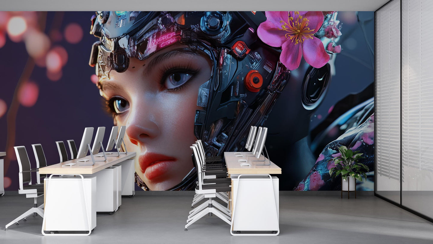 Cyberpunk AI Girl Wall Mural – Futuristic Tech Art Office Decor – Sci-Fi Female Robot Face – Anime Mecha Aesthetic Wallpaper Vn200