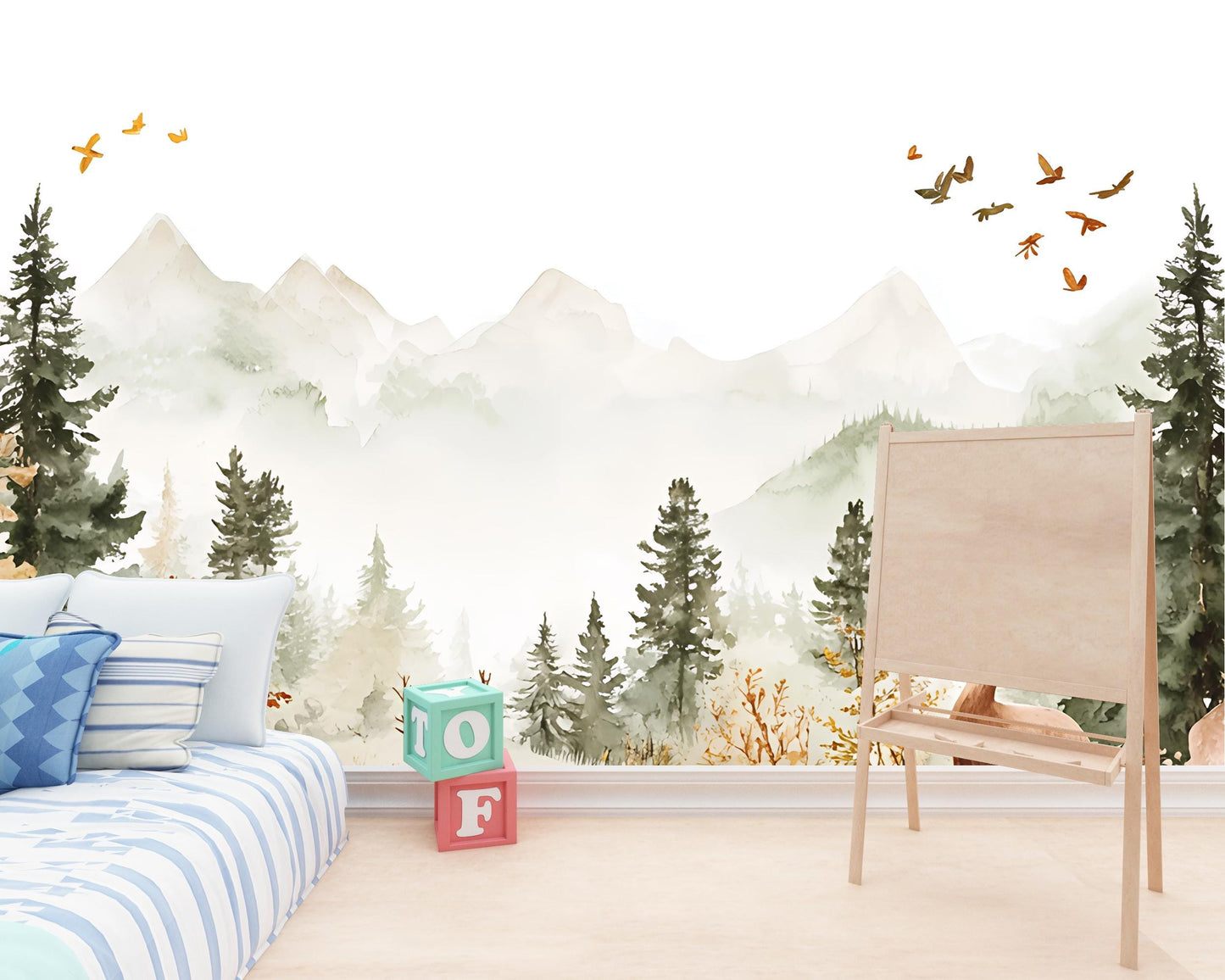 Woodland Forest Nursery Wallpaper Mural – Deer & Mountain Scene for Kids Room | Peel Stick or Traditional Wall ArtVn 294