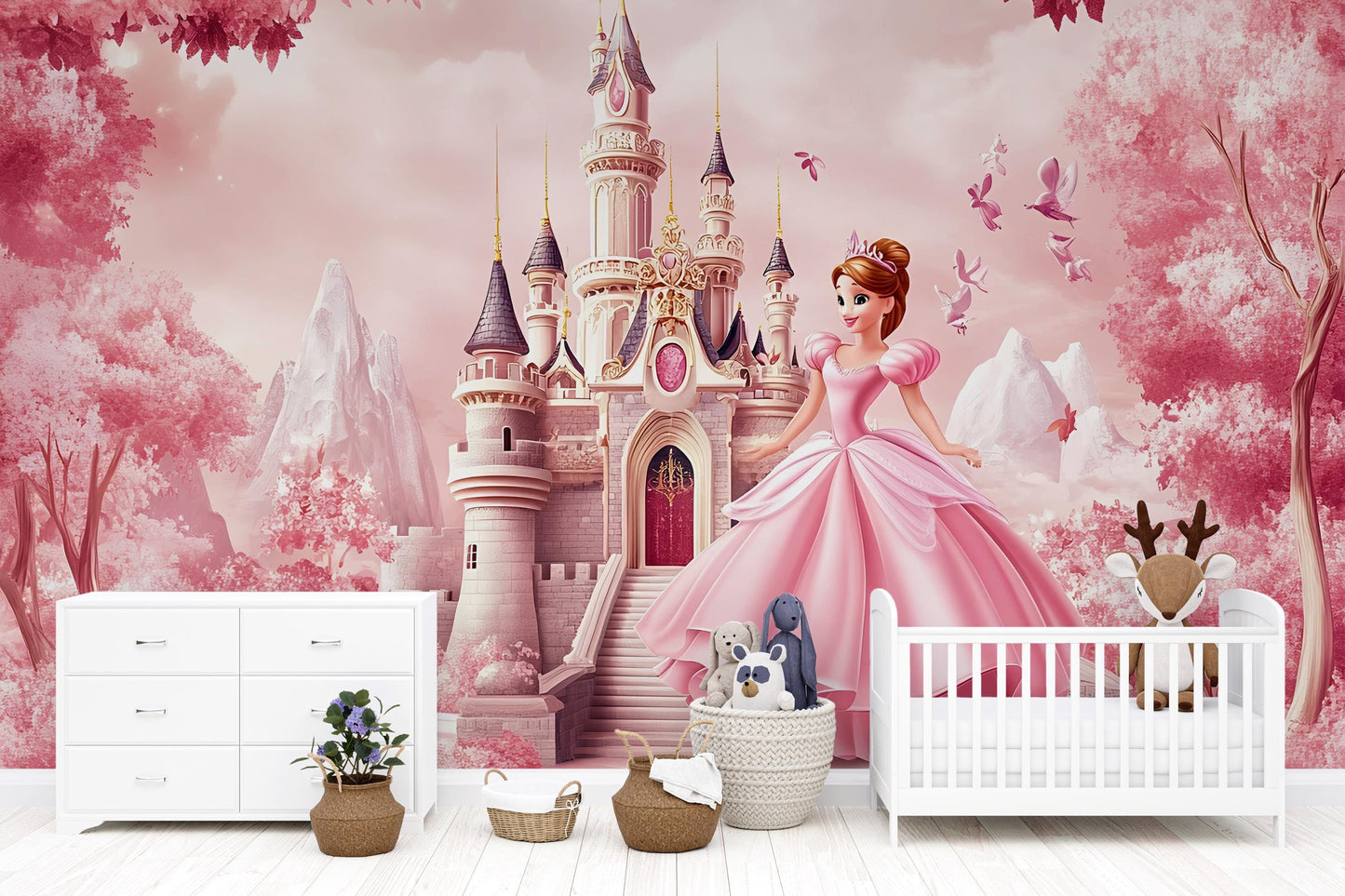 Princess Castle Wall Mural for Girls Room – Pink Fairy Tale Wallpaper with Princess – Kids Bedroom Decor, Nursery Wall Art Vn357
