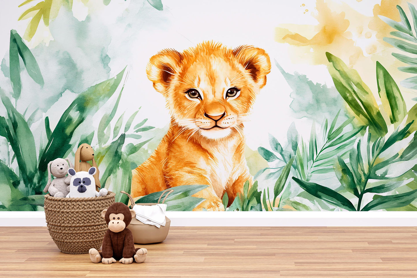 Watercolor Lion Cub Jungle Wall Mural for Kids Room Nursery Safari Animal Wallpaper Vn345