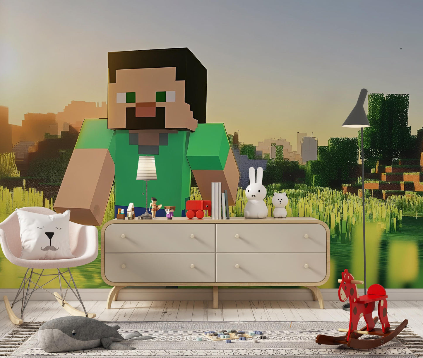 Minecraft Wall Mural for Kids Room – Steve Running Scene Wallpaper – Gamer Bedroom Decor – 3D Video Game Wall Art Vn281