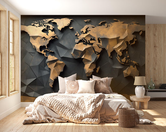 3D World Map Wall Mural Office Decor | Modern Geography Wall Art | Global Workspace Wallpaper | Abstract Map Wall Panel Vn418