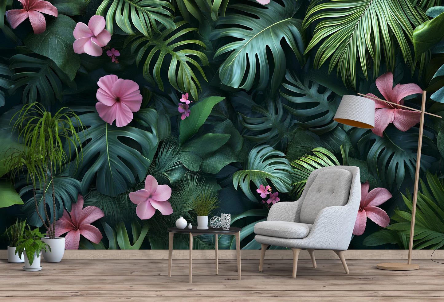 Tropical Jungle Wall Mural for Kids Room – Botanical Leaf & Flower Wallpaper – Removable Peel and Stick Wall Art Vn233