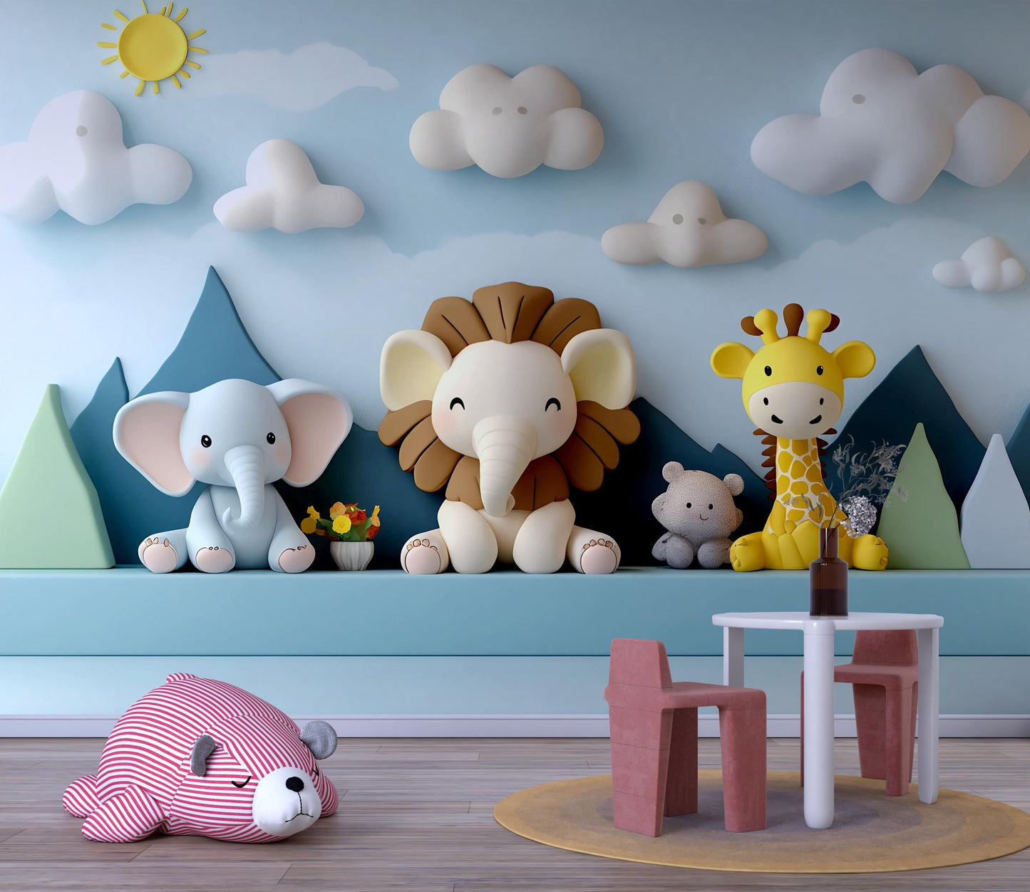 Safari Animal Nursery Wall Art – Jungle Theme Baby Room Decor, 3D Effect Safari Mural with Lion, Elephant, Giraffe Vn430