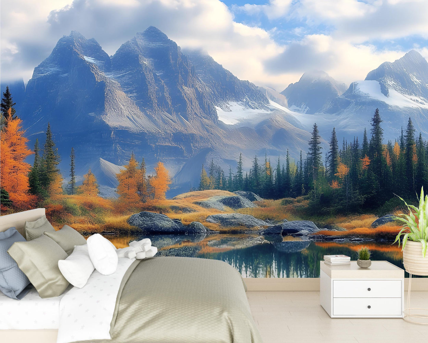 Mountain Lake Wall Mural – Scenic Nature Wallpaper for Bedroom, Forest & Alpine Landscape Art, Large Removable Wall Decor Vn252