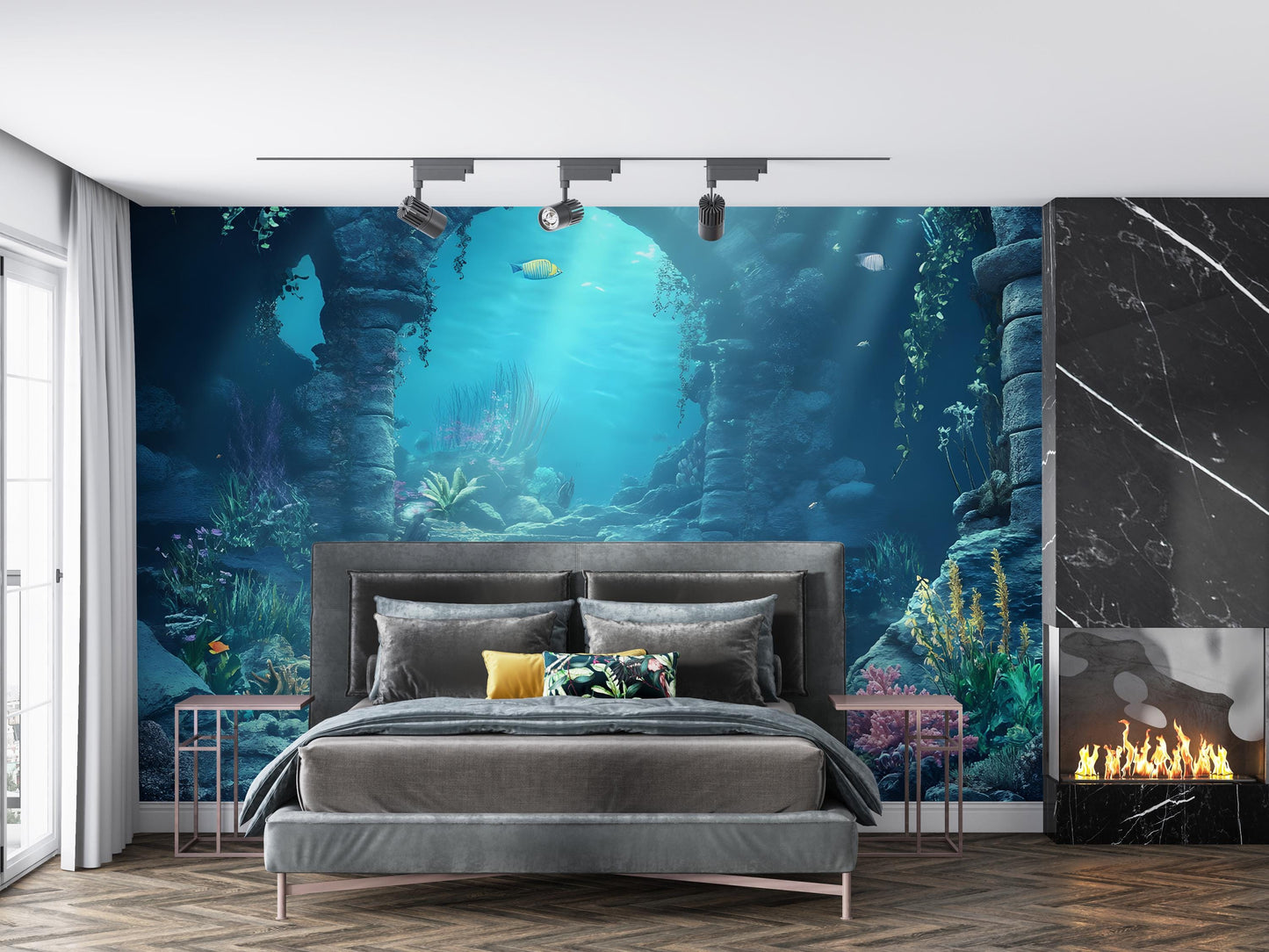 Underwater Ruins Wall Mural – 3D Ocean Bedroom Wallpaper – Deep Sea Fantasy Decor – Aquatic Archway Backdrop Vn094
