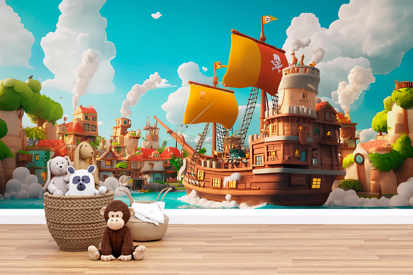 Pirate Ship Nursery Wall Mural, Ocean Adventure Wallpaper, Kids Pirate Room Decor Vn 304