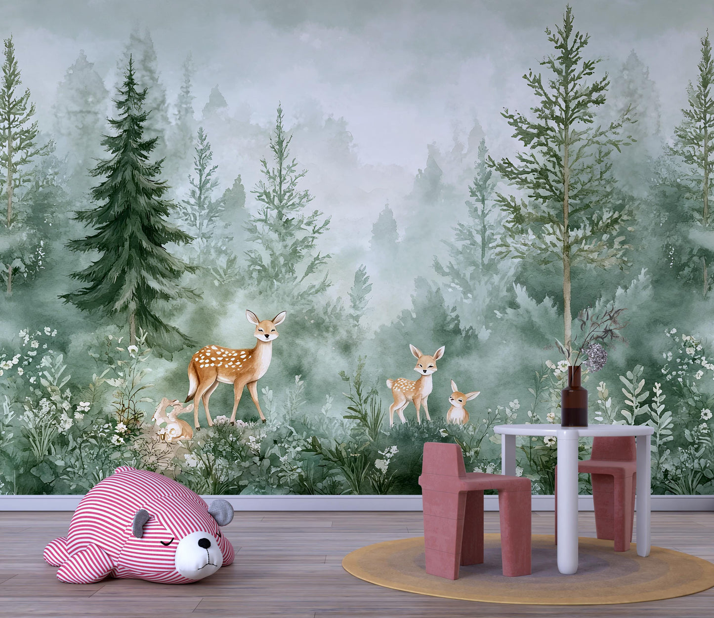 Woodland Deer Forest Wall Mural – Nursery Wallpaper for Kids Room, Removable Peel & Stick Animal Wall Art Vn263