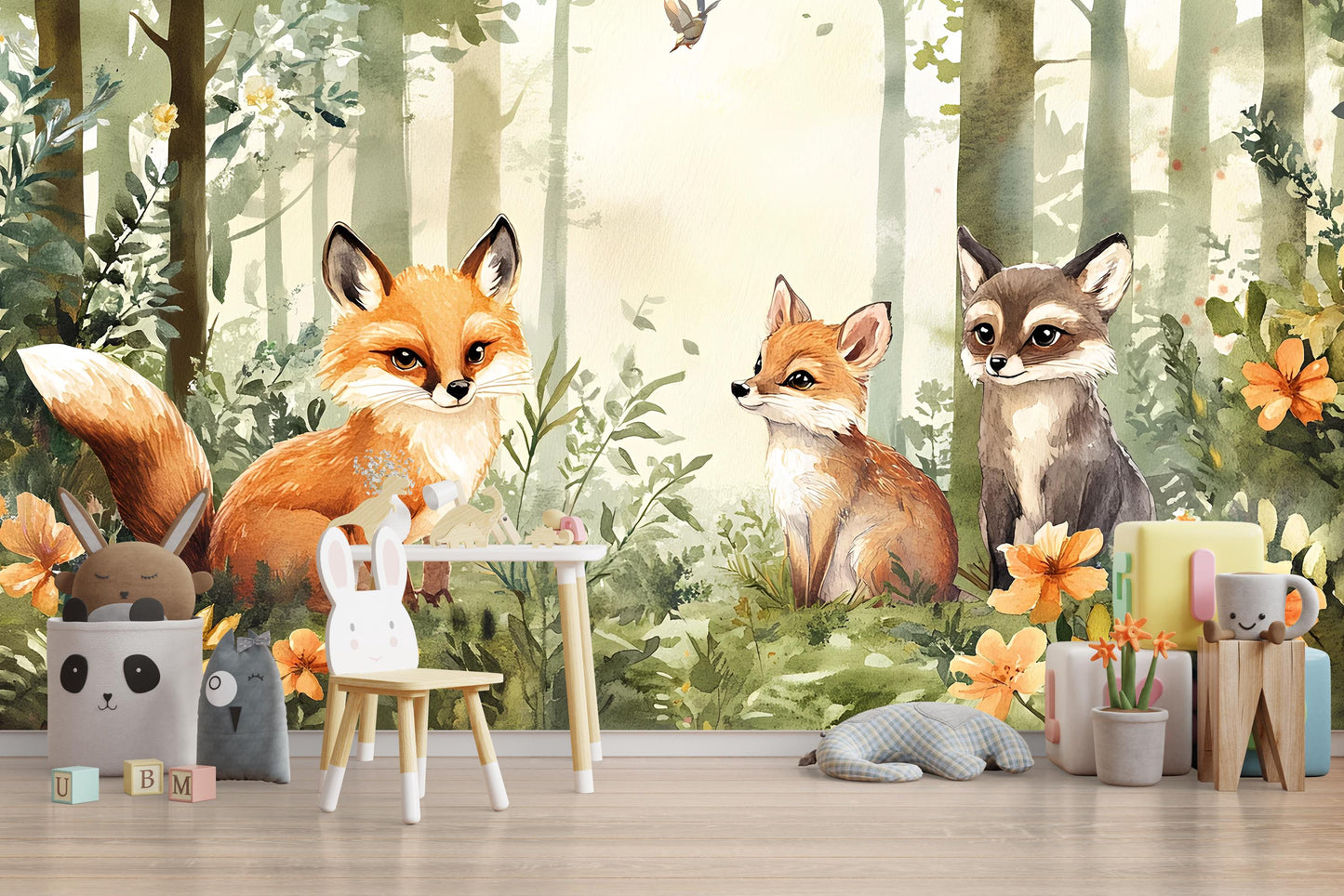 Woodland Forest Animal Nursery Wall Mural – Fox & Raccoon Wallpaper – Baby Room Decor – Gender Neutral Jungle Vn343