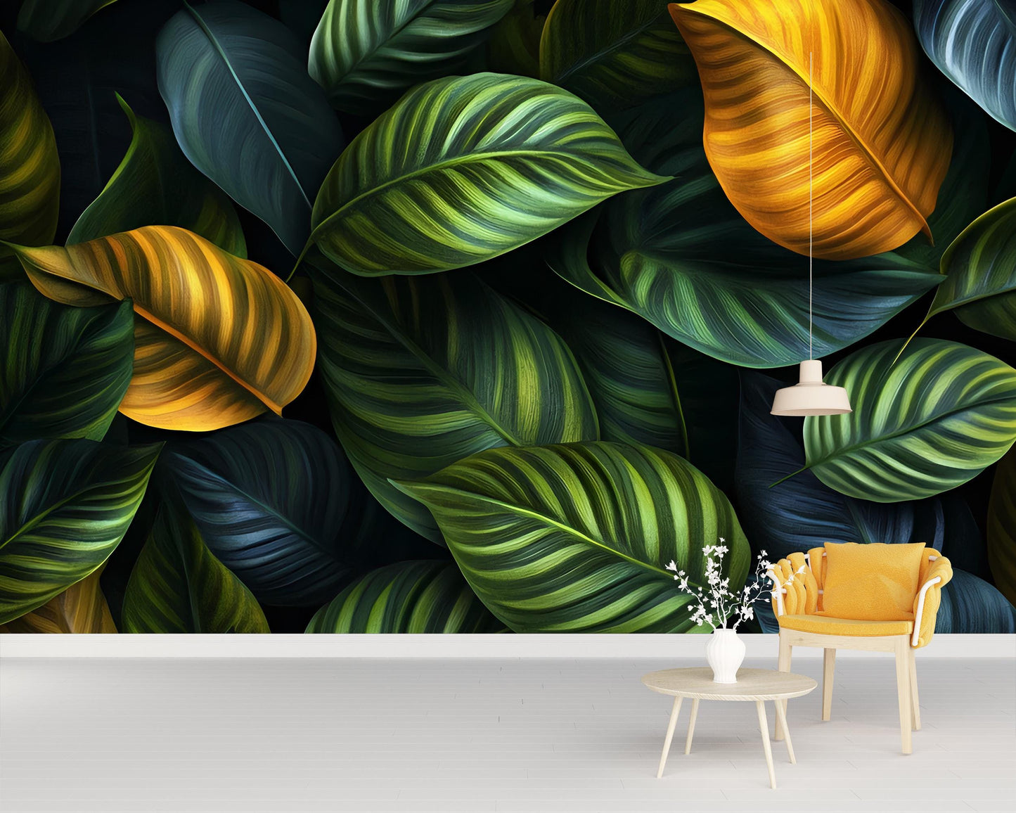 Tropical Leaf Wallpaper Mural – Jungle Botanical Wall Art, Large Green Yellow Leaves Removable Wallpaper, Modern Nature Vn207
