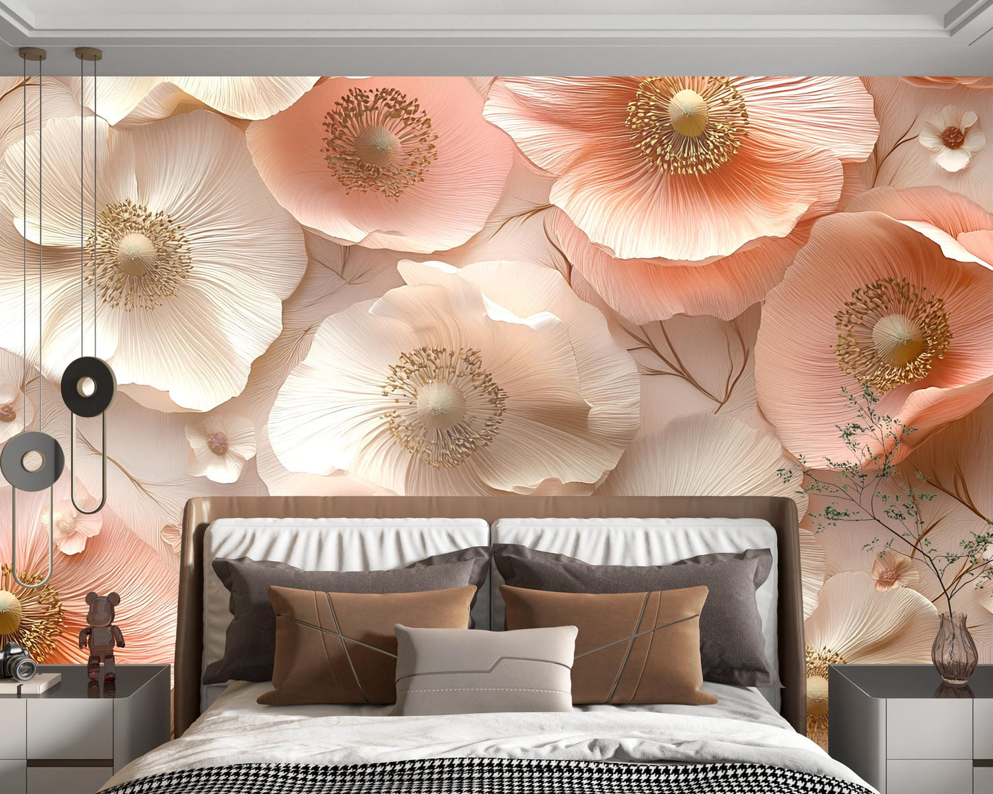 3D Floral Wall Mural for Bedroom – Peach Cream Poppy Flower Wallpaper – Elegant Large Flower Accent Wall Art Vn326