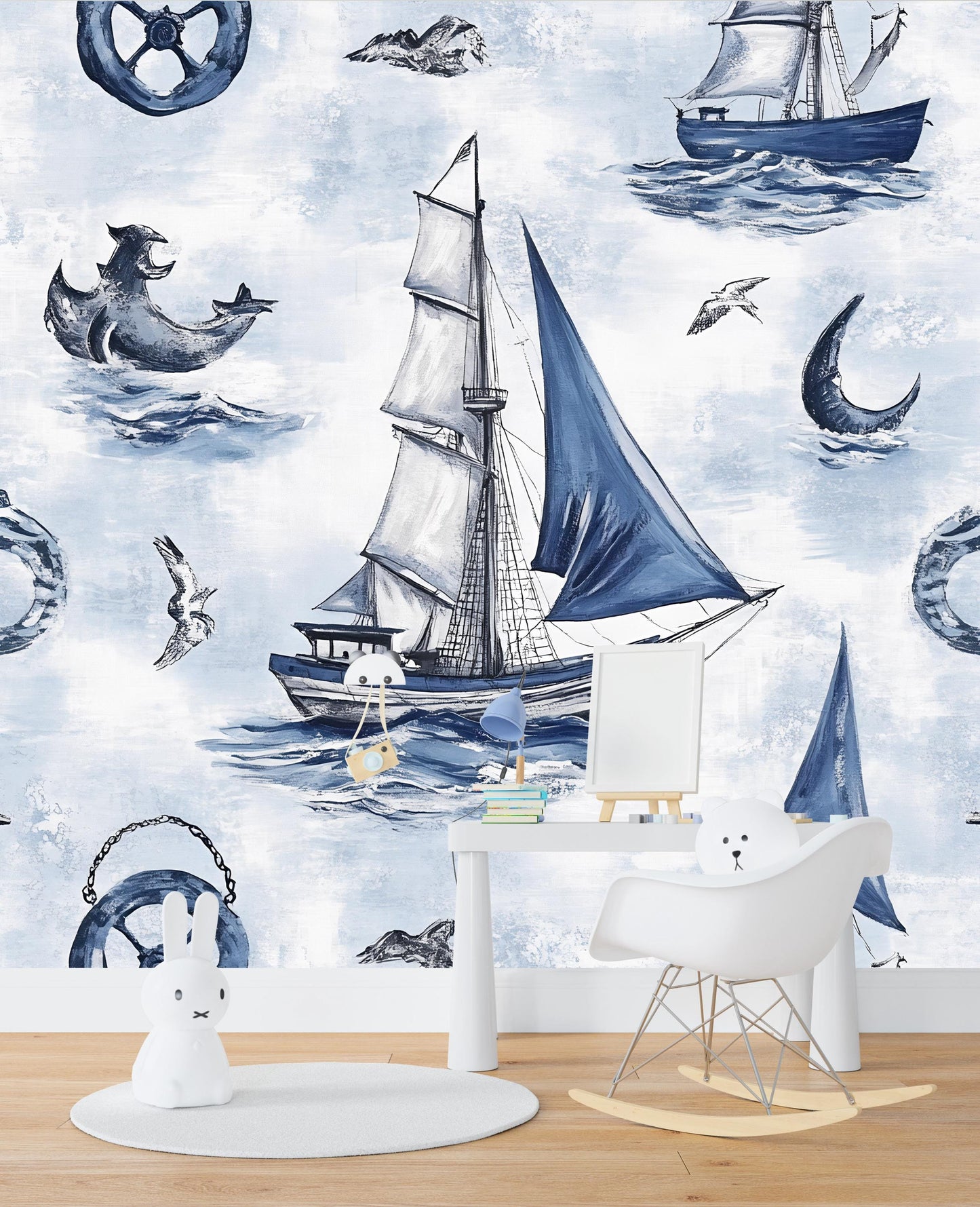 Nautical Sailboat Wall Mural for Kids Room – Ocean Theme Wallpaper with Sea Animals, Blue Boat, Seagulls, and Waves Vn071