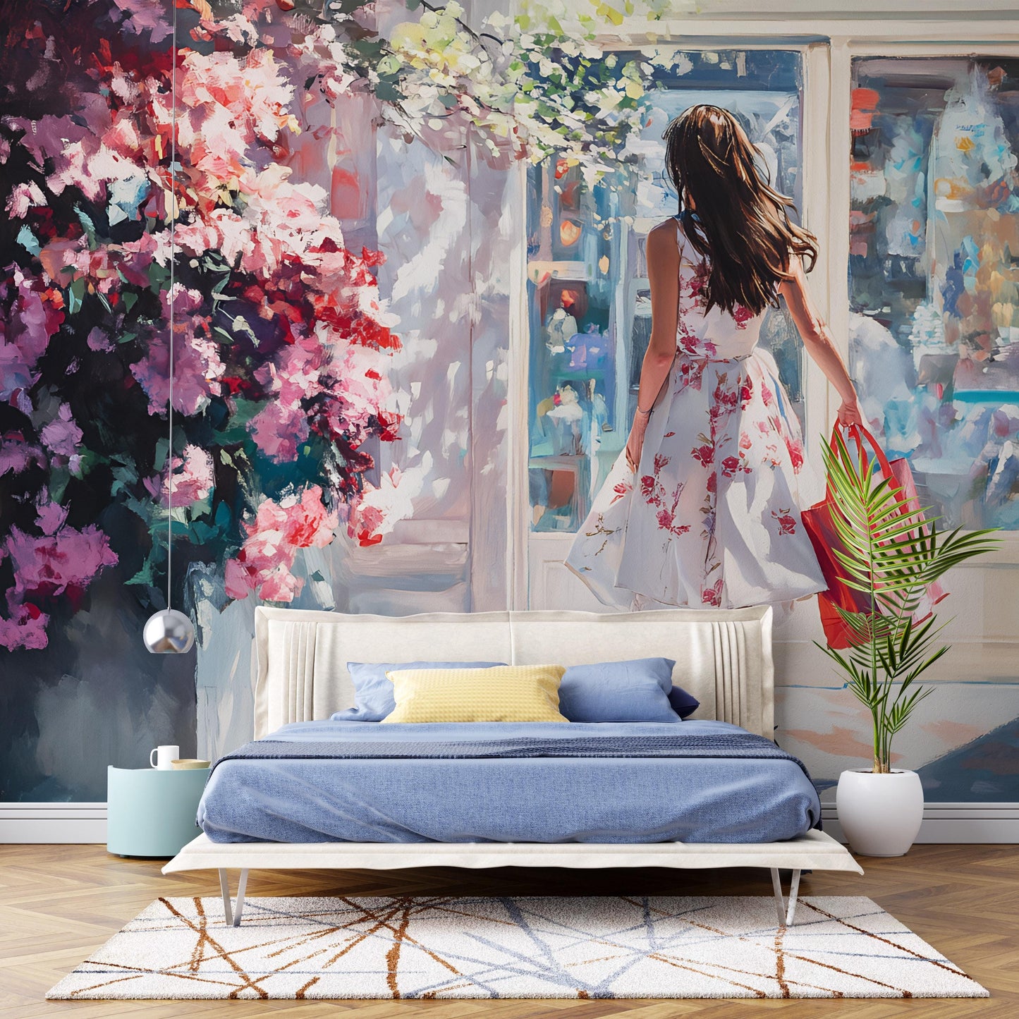 Romantic Floral Wall Mural | Girl Shopping Art | Feminine Bedroom Wallpaper | Modern Fashion Wall Decor | Large Statement Mural Vn062