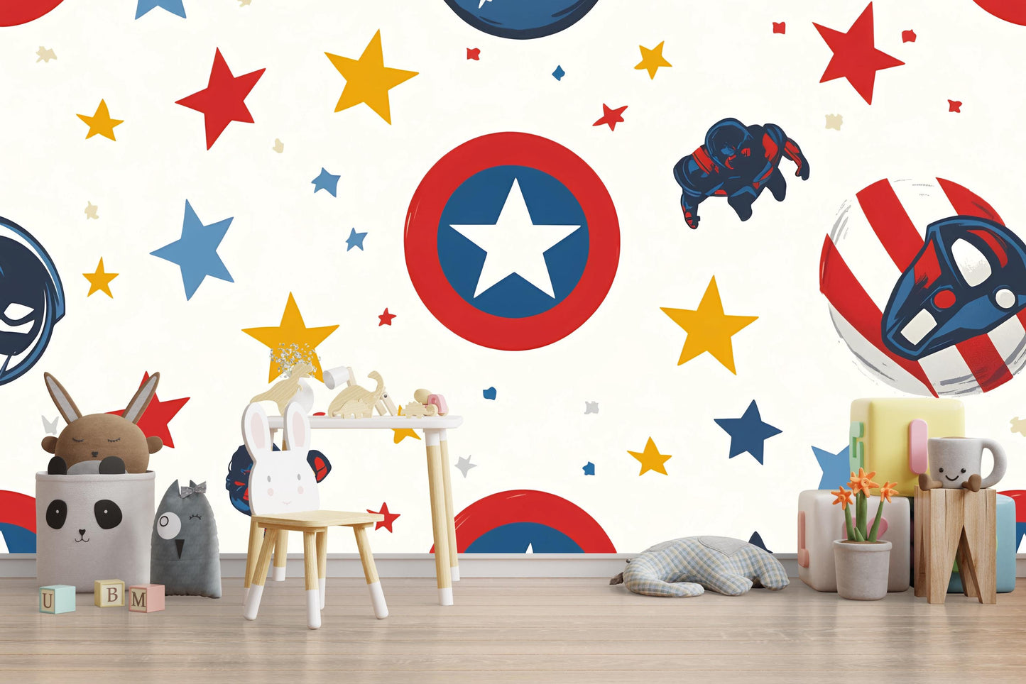 Superhero Kids Wall Mural | Captain America Shield Star Print | Boys Room Decor | Hero Nursery Wallpaper | Playroom Wall Art Vn275