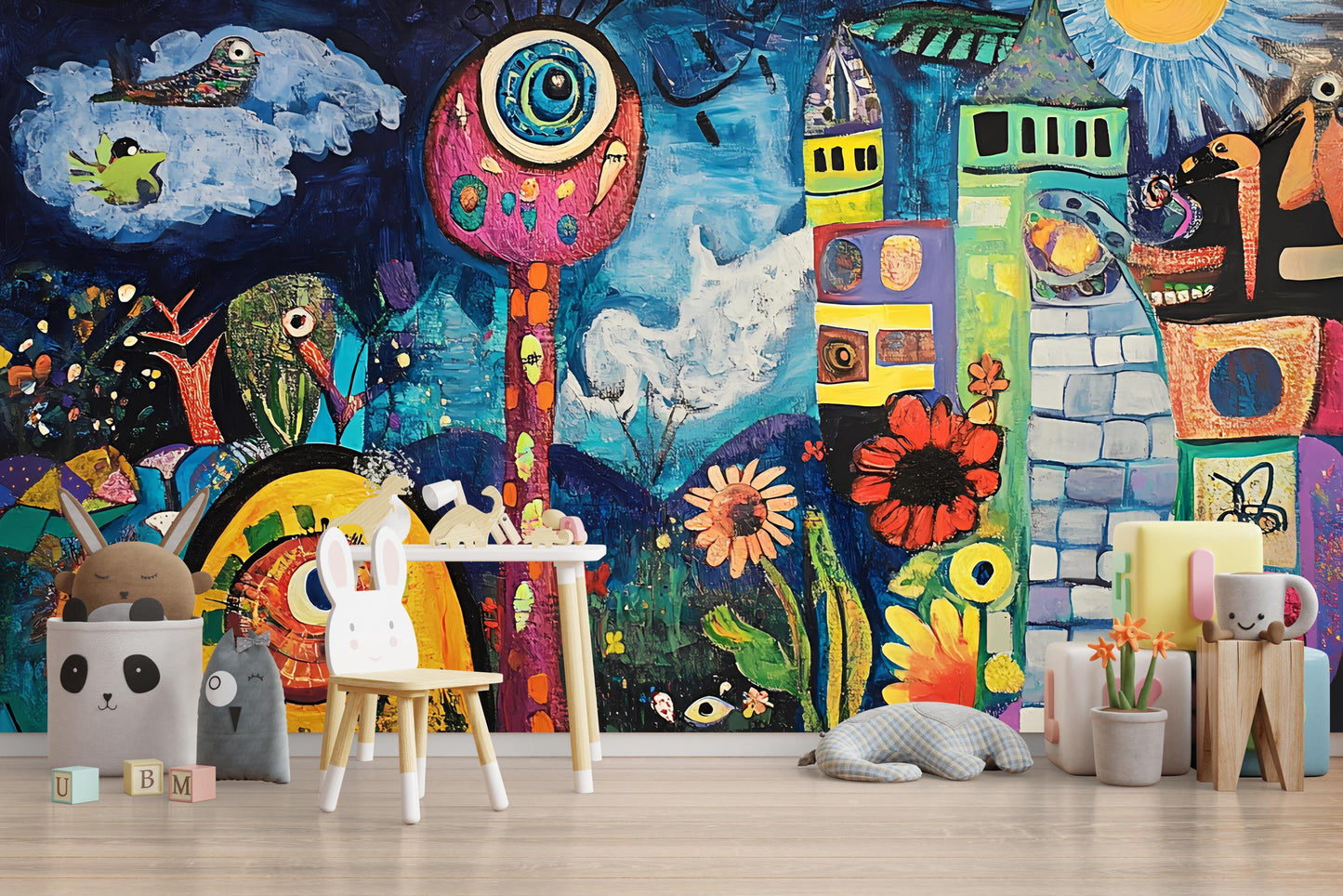 Whimsical Nursery Wall Mural | Colorful Abstract Baby Room Art | Dreamy Fantasy Animal Castle Jungle Decor Vn413