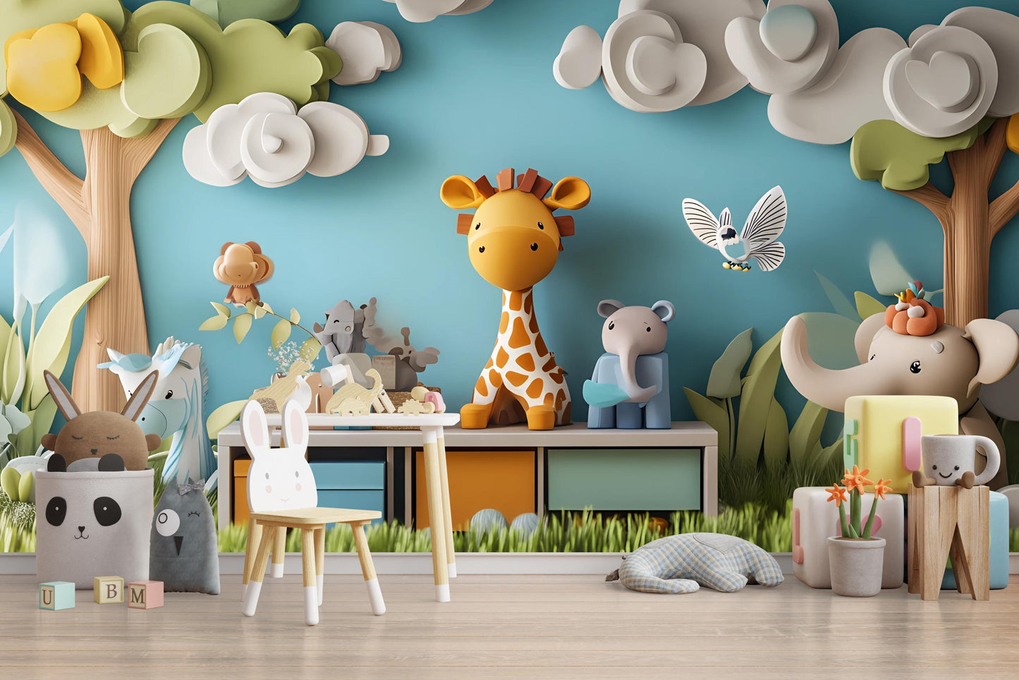 Whimsical Jungle Safari Wall Art for Kids Room – Giraffe, Elephant & Animal Nursery Decor | 3D Jungle Playroom Wall Mural Vn322