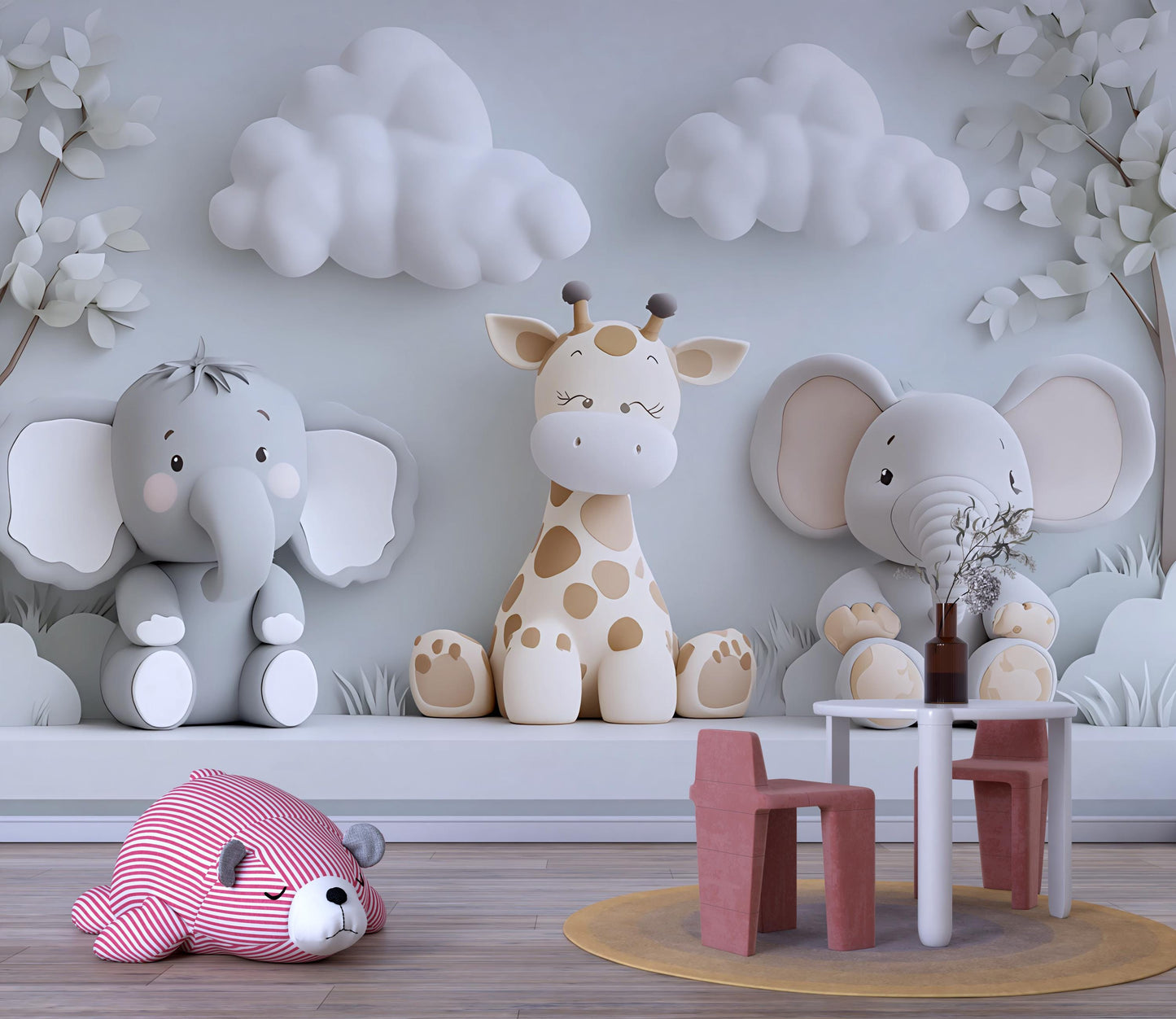 Safari Animal Nursery Wall Art - Giraffe & Elephant 3D Cartoon Mural for Kids Room - Neutral Jungle Baby Room Decor Vn426