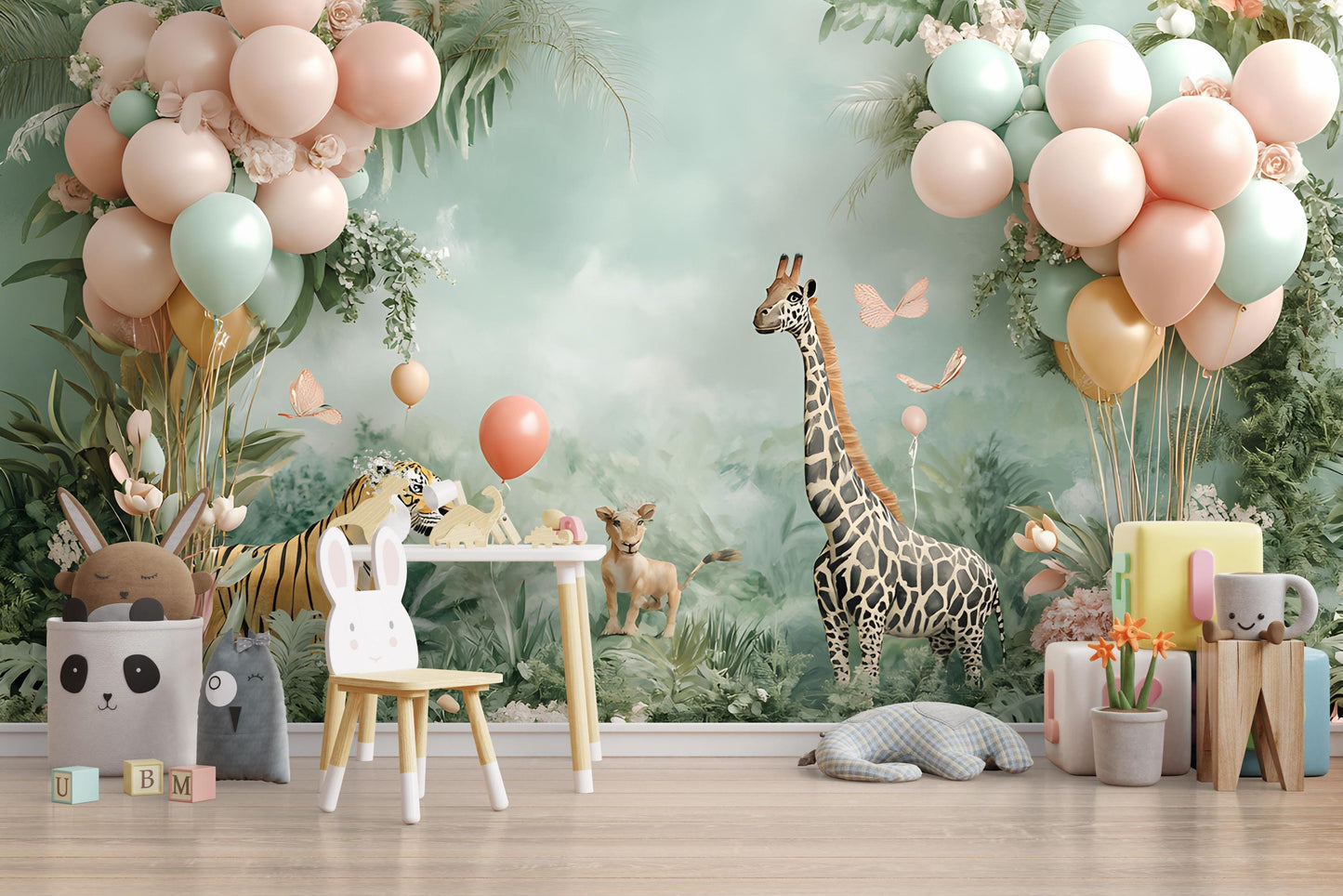 Safari Jungle Nursery Wall Art – Giraffe, Tiger, Balloons & Pastel Animals Mural for Baby Room, Kids Safari Theme Decor Vn044
