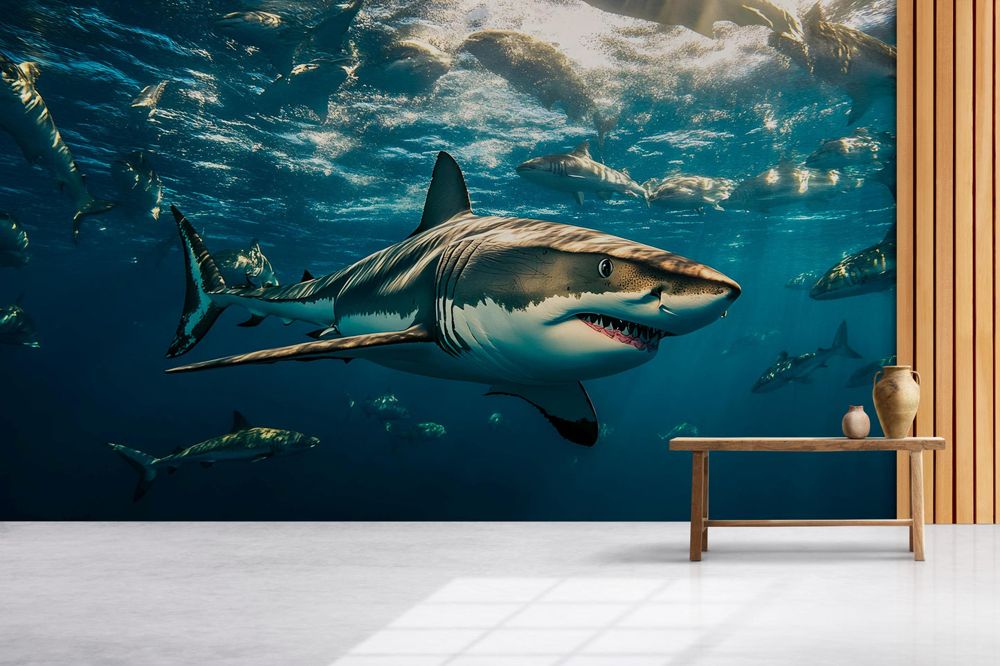 Shark Ocean Wall Mural | 3D Underwater Shark Wallpaper | Great White Shark Decor | Ocean Scene Wall Art | Sea Life Room Accent Vn388