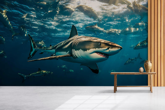 Shark Ocean Wall Mural | 3D Underwater Shark Wallpaper | Great White Shark Decor | Ocean Scene Wall Art | Sea Life Room Accent Vn388