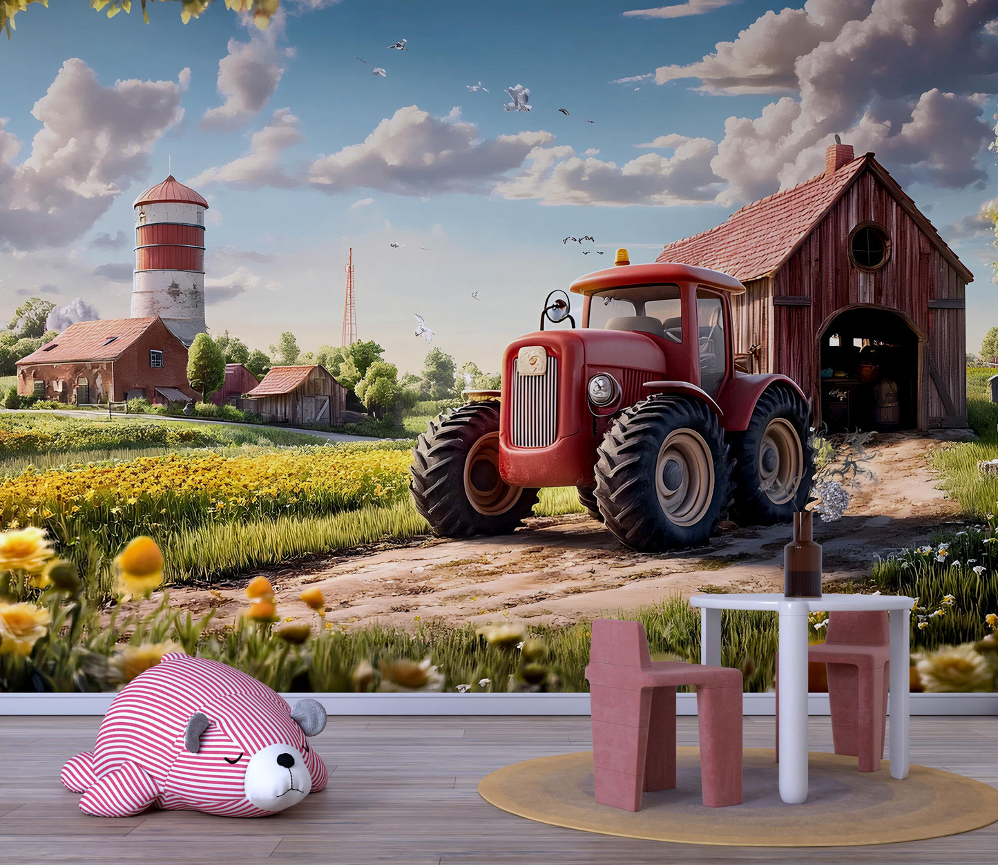 Farm Tractor Wall Mural – Kids Room Decor, Barn & Field Theme Wallpaper, Country Nursery Art, Red Tractor Mural Backdrop Vn313
