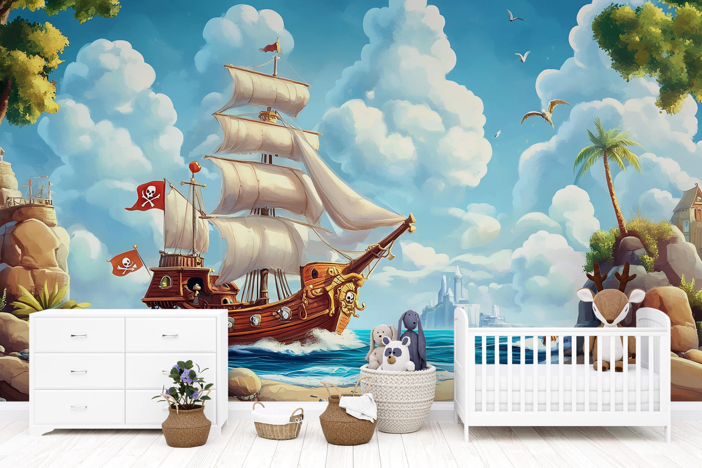 Pirate Ship Kids Wall Mural – Nautical Ocean Adventure Wallpaper for Nursery or Playroom – Cartoon Pirate Decor Vn 311