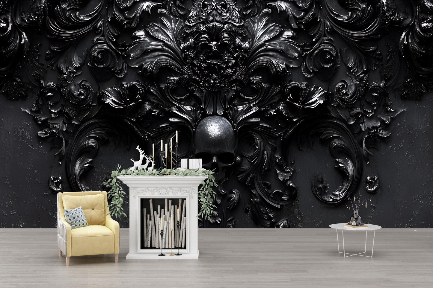 Gothic Baroque Skull Wall Art | Dark Maximalist Interior Decor | 3D Black Skull Floral Wallpaper Mural Vn189