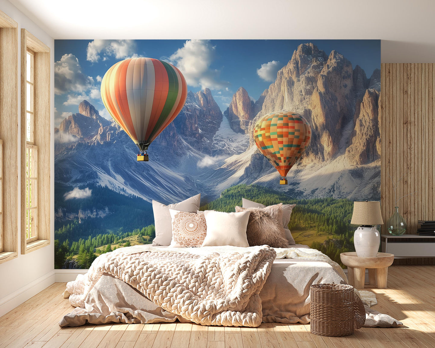 Hot Air Balloon Mountain Wall Mural – Scenic Nature Wallpaper for Kids Bedroom, Nursery, or Playroom – Removable Vinyl Art Vn381