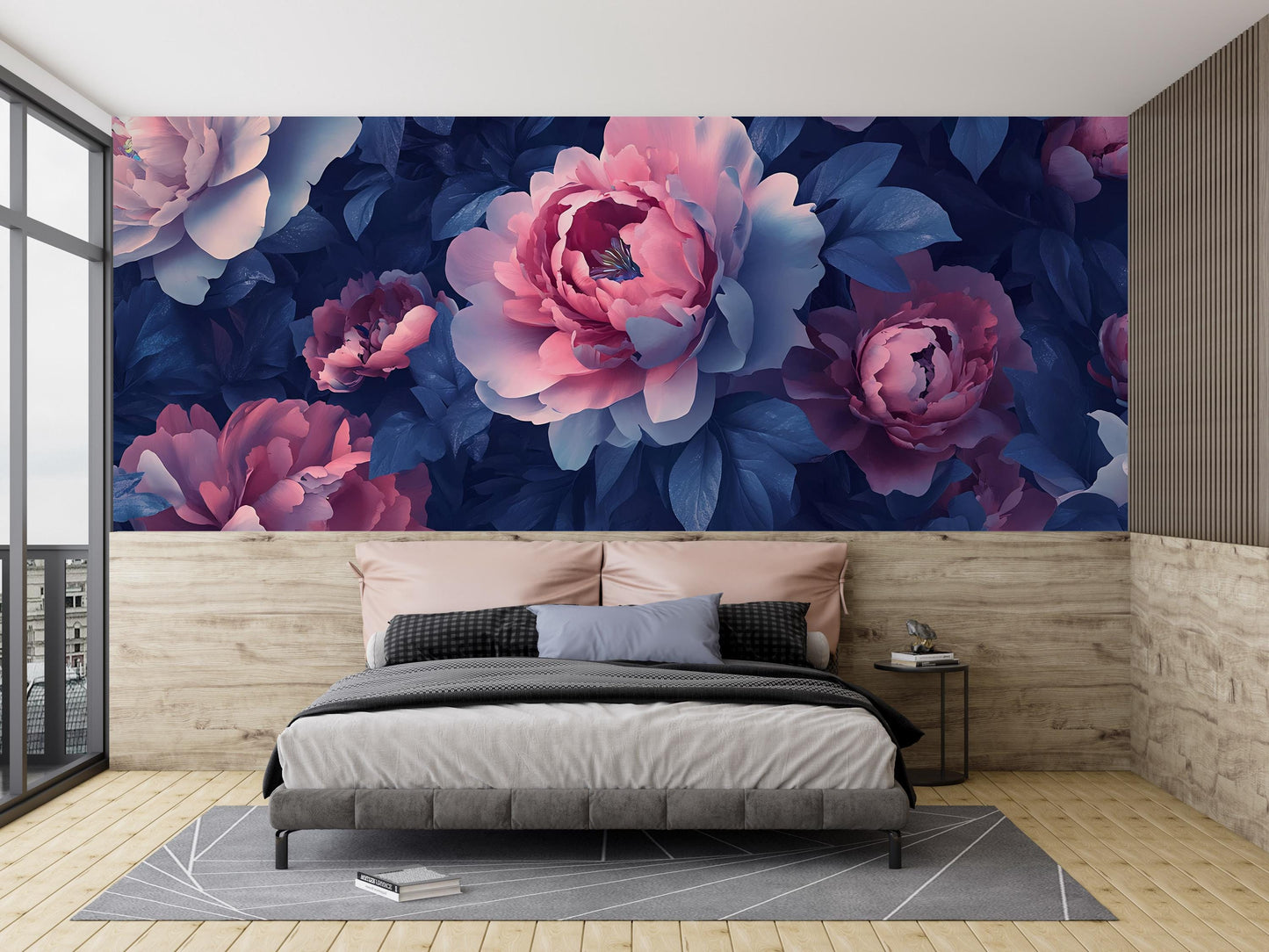 Large Floral Wall Mural | Dark Peony Flower Wallpaper | Romantic Bedroom Wall Art | Removable Peel & Stick Mural Vn466