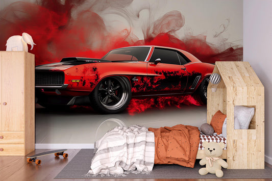 Red Muscle Car Wall Mural | Bold Vintage Car Art | Modern Man Cave Decor | Custom Sports Car Wallpaper | Boys Room Auto Theme Vn373