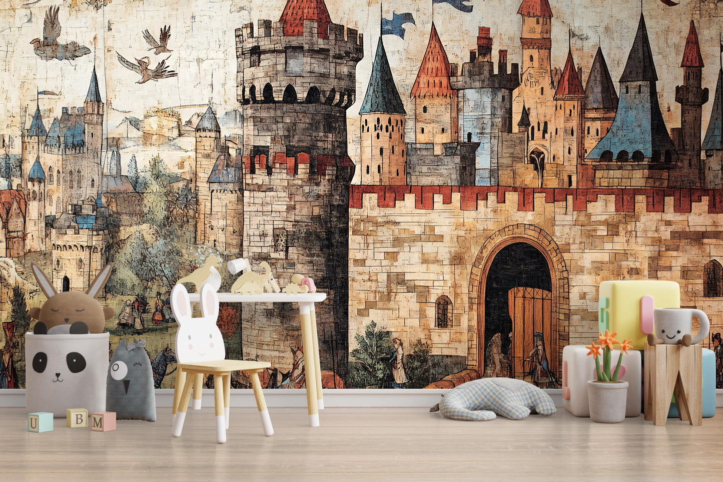 Medieval Castle Wall Mural for Kids Room – Fantasy Fairytale Tapestry Wallpaper – Boys & Girls Nursery Decor – Removable Wall Art Vn186