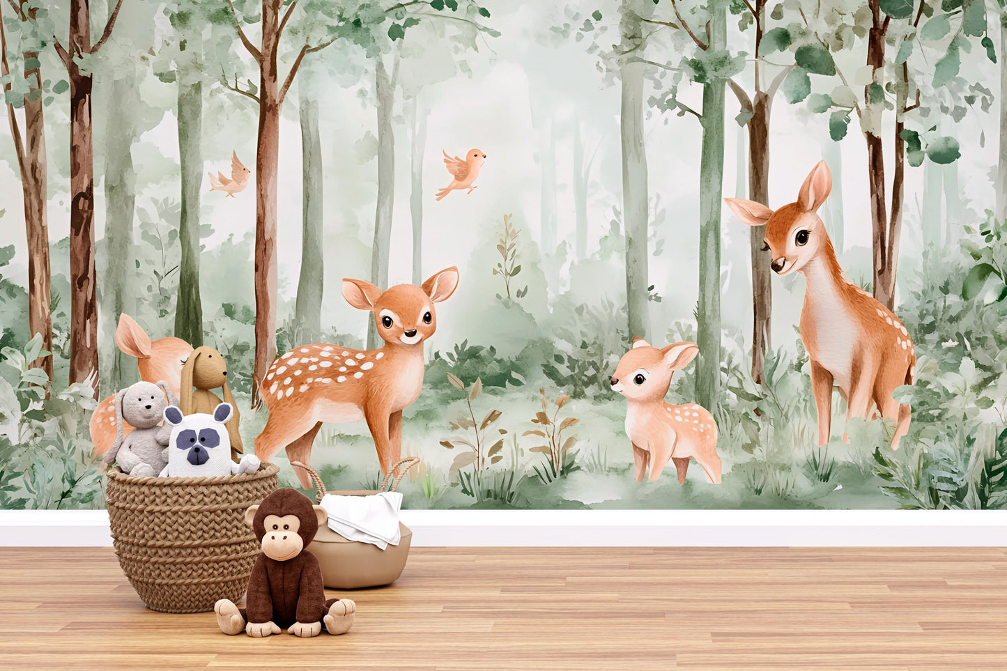 Forest Animal Nursery Wall Mural – Woodland Deer Wallpaper – Baby Room Decor – Removable Kids Wall Art – Gender Neutral Nursery Vn 297