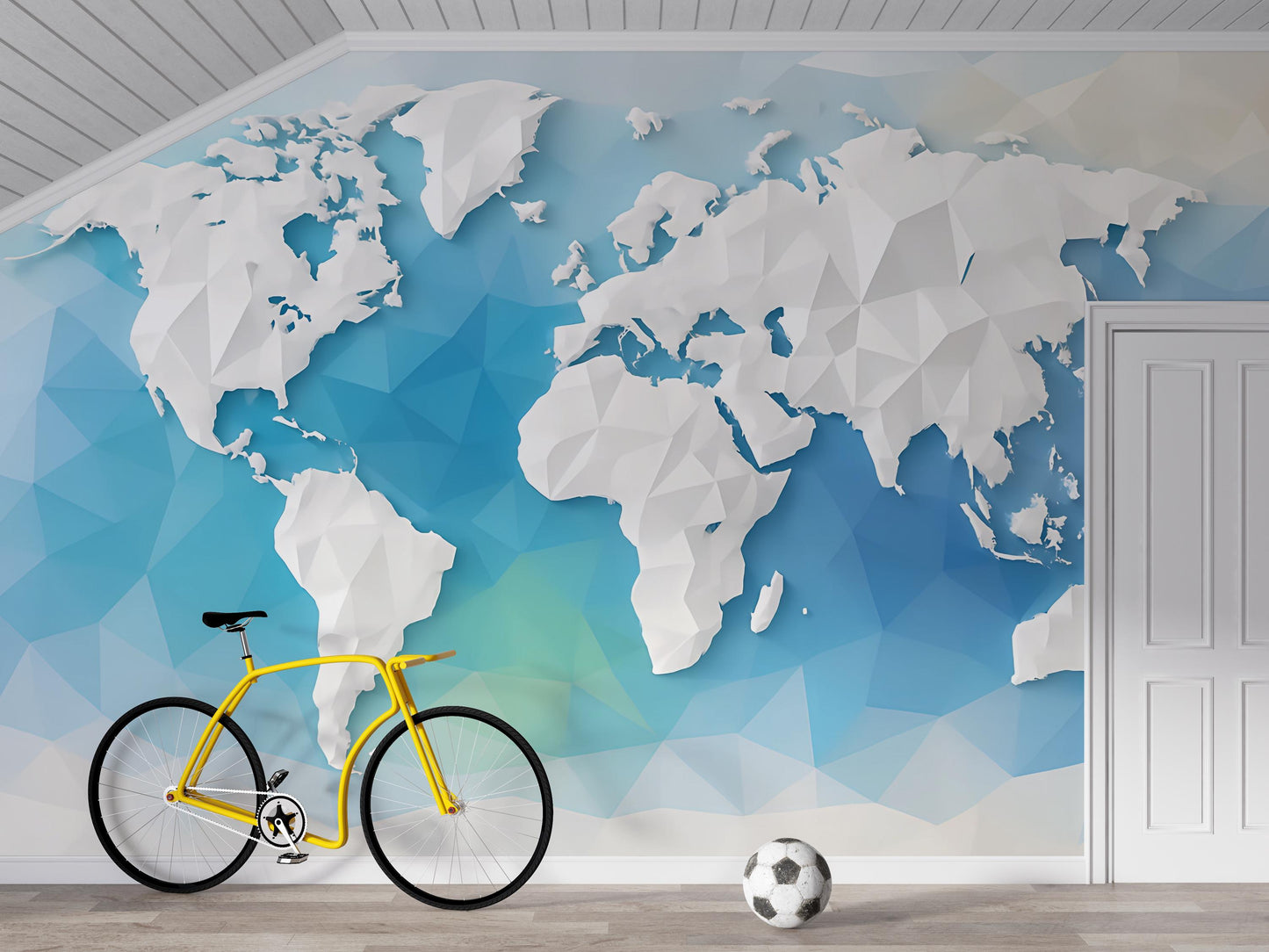 3D Polygon World Map Wall Mural – Modern Geometric World Map Wallpaper for Office, Kids Room, or Travel Decor Vn422