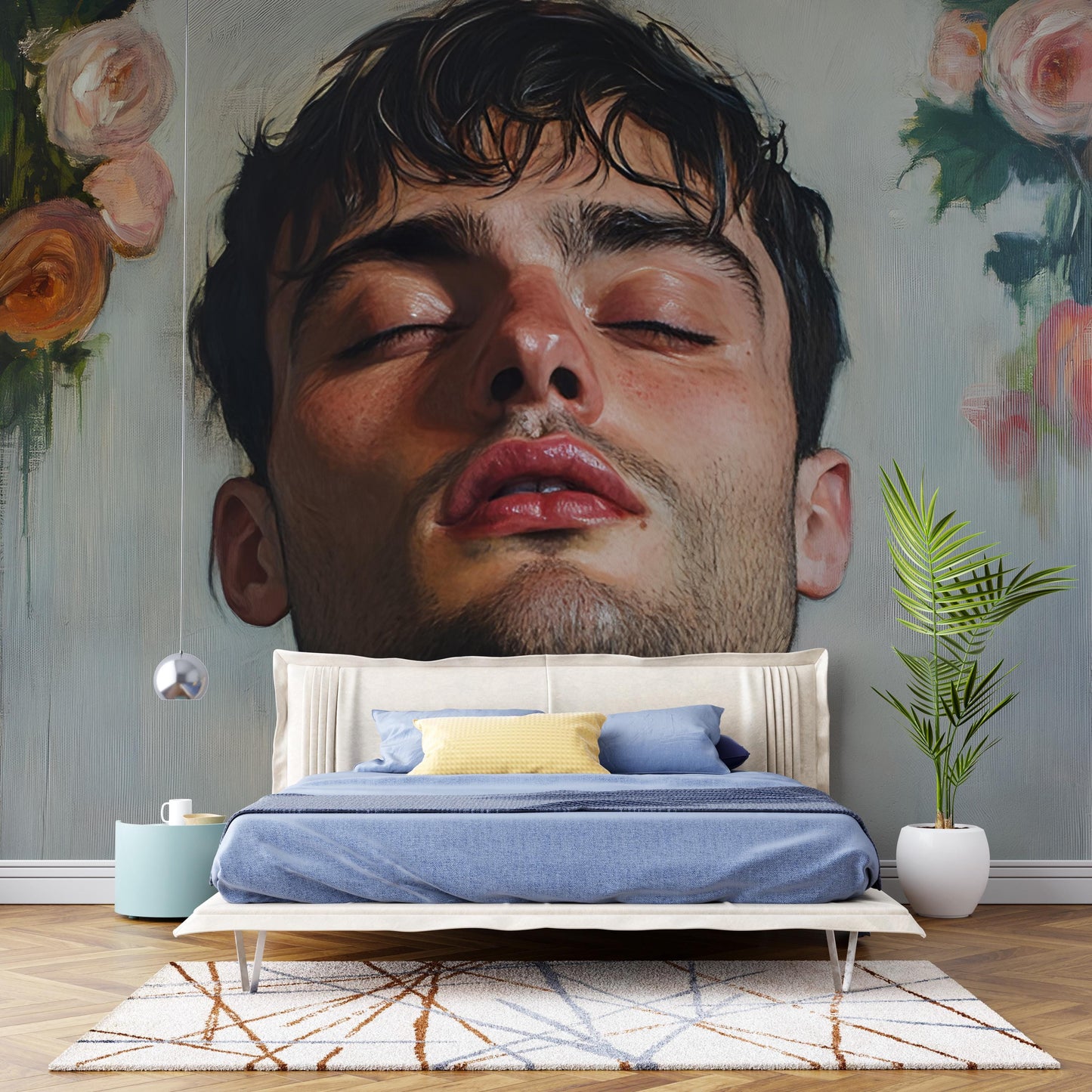 Large Modern Portrait Wall Art | Floral Male Face Mural Print | Bold Contemporary Art for Living Room, Bedroom, or Studio Vn138